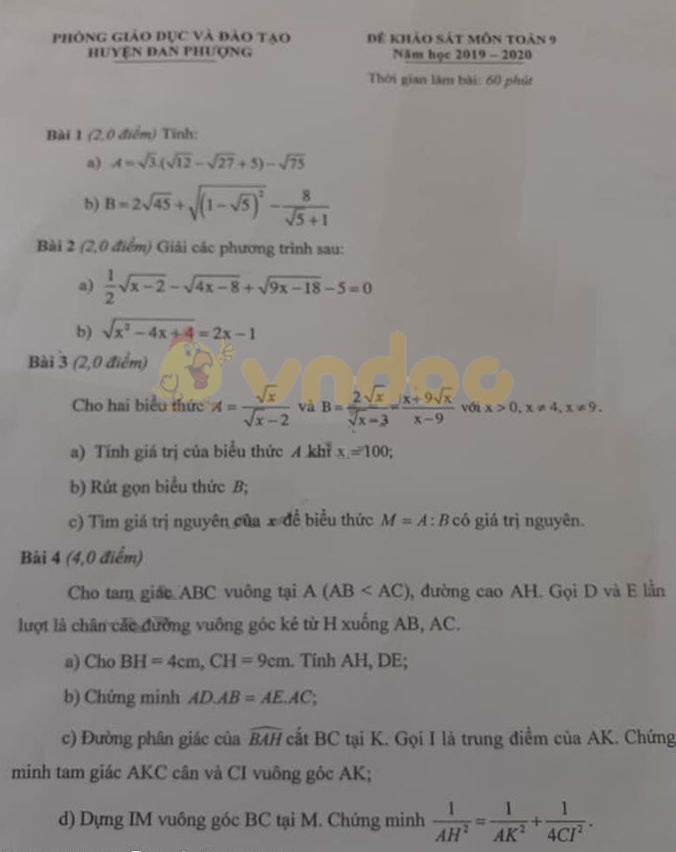 Đề thi giữa học kì 1 lớp 9 môn Toán Phòng GD&ĐT huyện Đan Phượng năm học 2019 - 2020