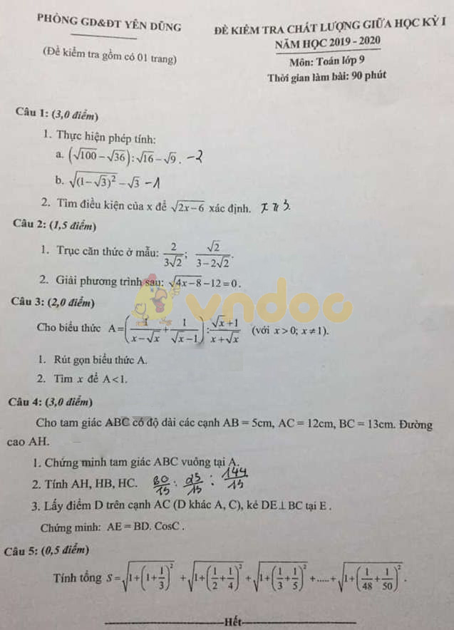 Đề thi giữa học kì 1 lớp 9 môn Toán Phòng GD&ĐT Yên Dũng năm học 2019 - 2020