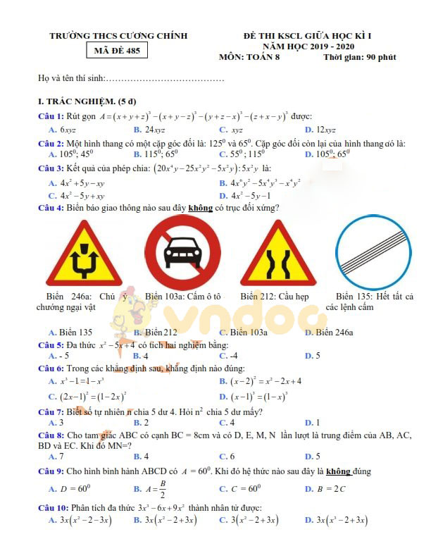 Đề thi giữa học kì 1 lớp 8 môn Toán Trường THCS Cương Chính năm học 2019 - 2020