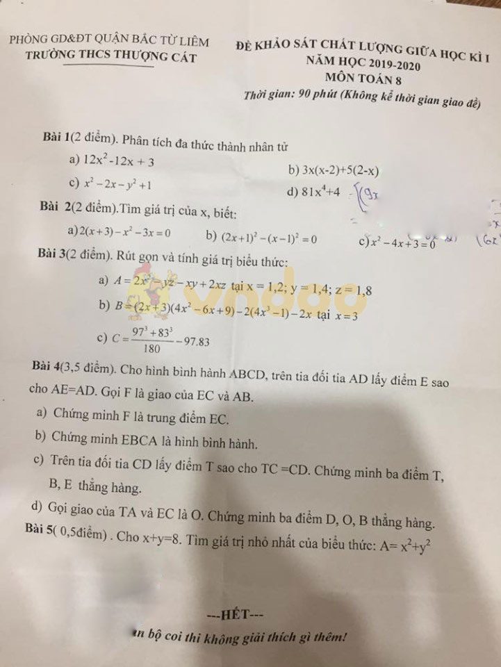 Đề thi giữa học kì 1 lớp 8 môn Toán trường THCS Thượng Cát, Bắc Từ Liêm năm học 2019 - 2020