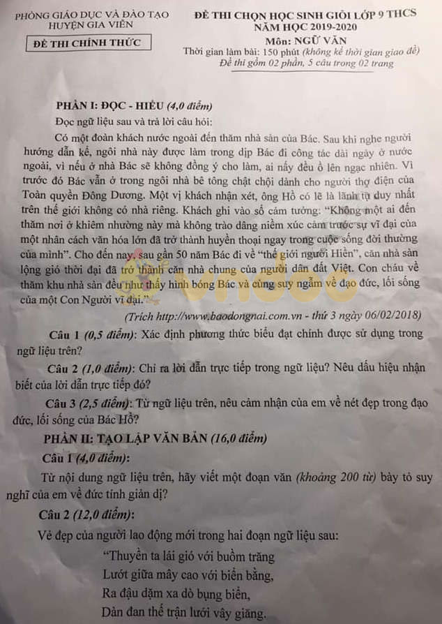 Đề thi chọn học sinh giỏi lớp 9 môn Ngữ văn Phòng GD&ĐT huyện Gia Viễn năm học 2019 - 2020