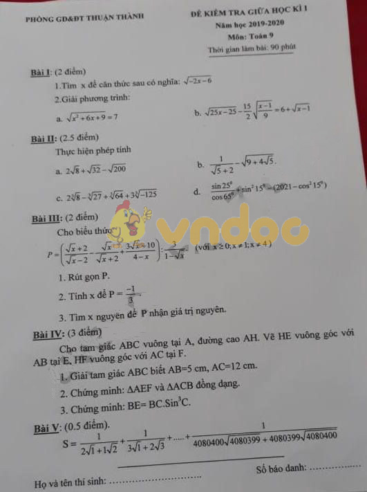 Đề thi giữa học kì 1 lớp 9 môn Toán Phòng GD&ĐT Thuận Thành năm học 2019 - 2020