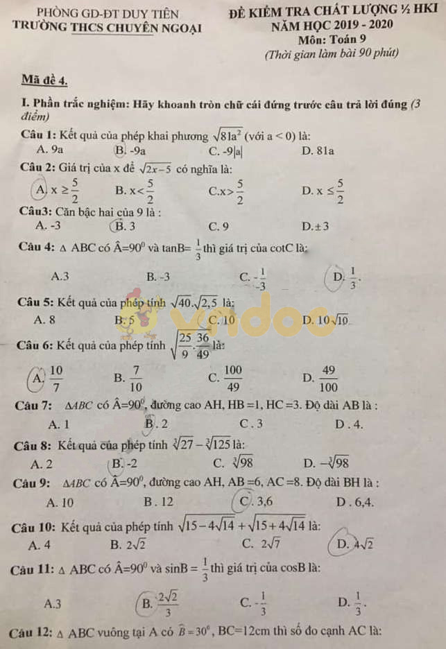 Đề thi giữa học kì 1 lớp 9 môn Toán trường THCS Chuyên Ngoại, Duy Tiên năm học 2019 - 2020