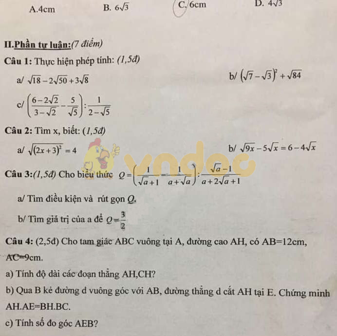 Đề thi giữa học kì 1 lớp 9 môn Toán trường THCS Chuyên Ngoại, Duy Tiên năm học 2019 - 2020