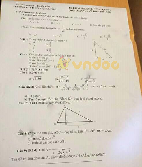 Đề thi giữa học kì 1 lớp 9 môn Toán trường THCS Việt Cường năm học 2019 - 2020
