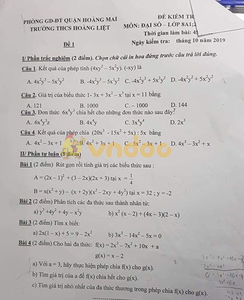 Đề thi giữa học kì 1 lớp 8 môn Toán Trường THCS Hoàng Liệt, quận Hoàng Mai năm học 2019 - 2020
