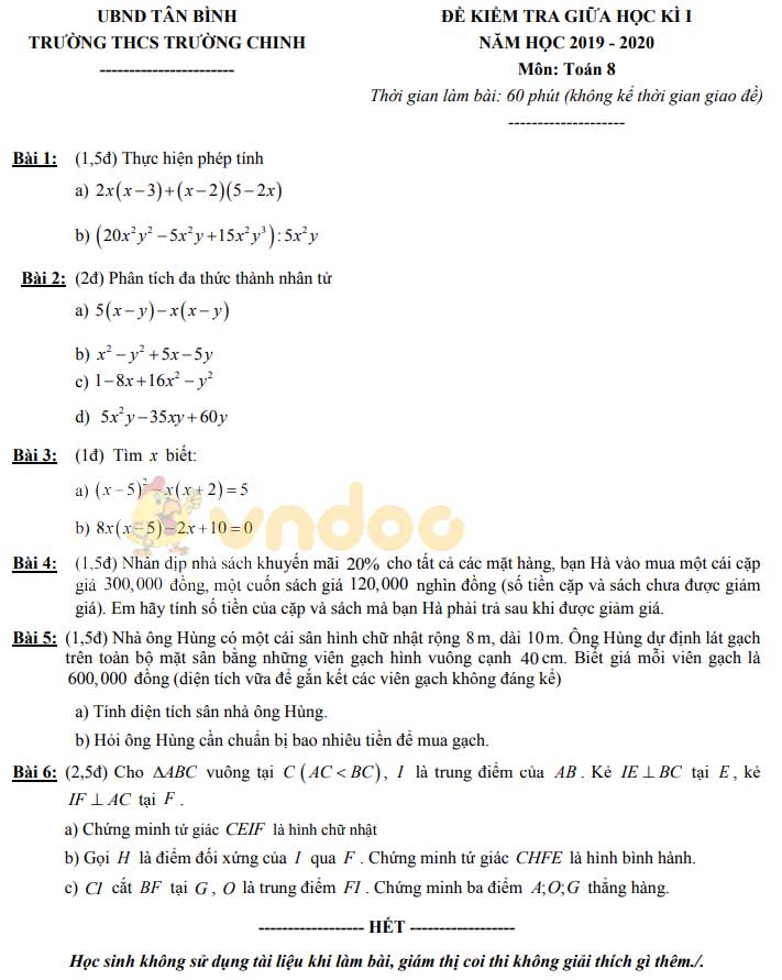 Đề thi giữa học kì 1 lớp 8 môn Toán Trường THCS Trường Chinh năm học 2019 - 2020