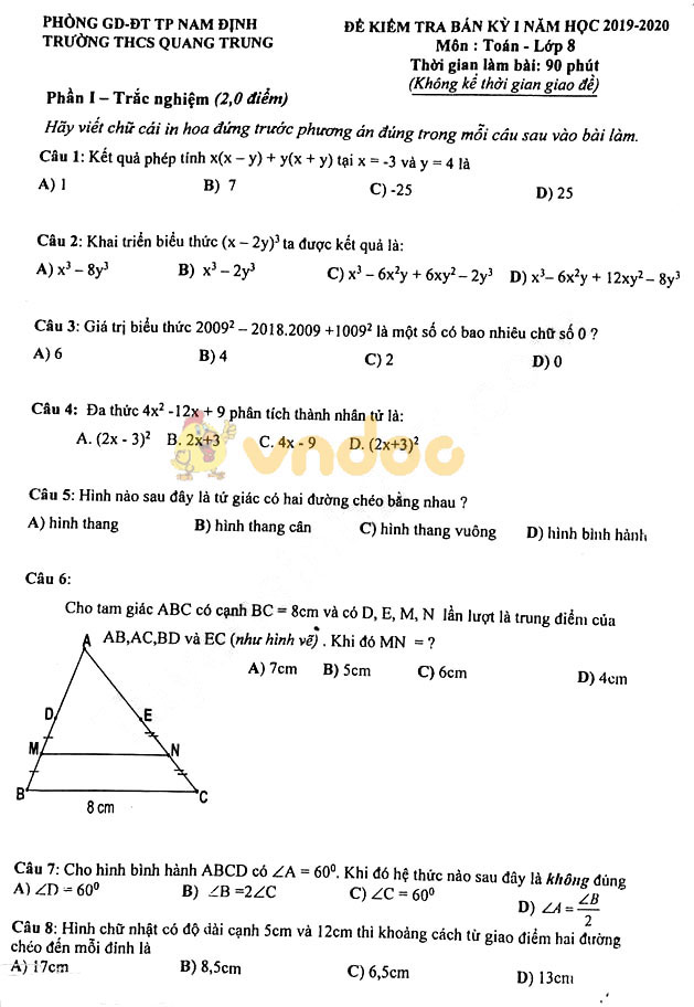 Đề thi giữa học kì 1 lớp 8 môn Toán Trường THCS Quang Trung, Nam Định năm học 2019 - 2020