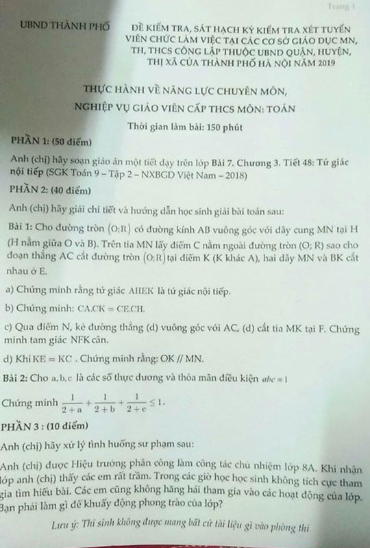 Đề thi viên chức môn toán 2019