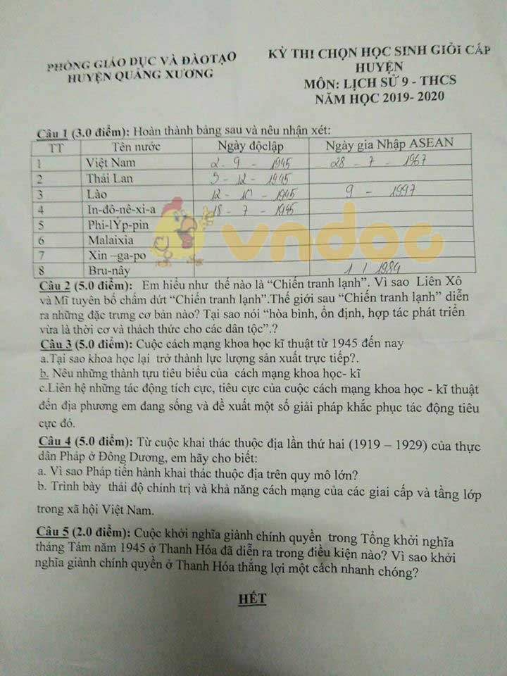 Đề thi chọn học sinh giỏi cấp huyện lớp 9 môn Lịch sử Phòng GD&ĐT huyện Quảng Xương năm học 2019 - 2020