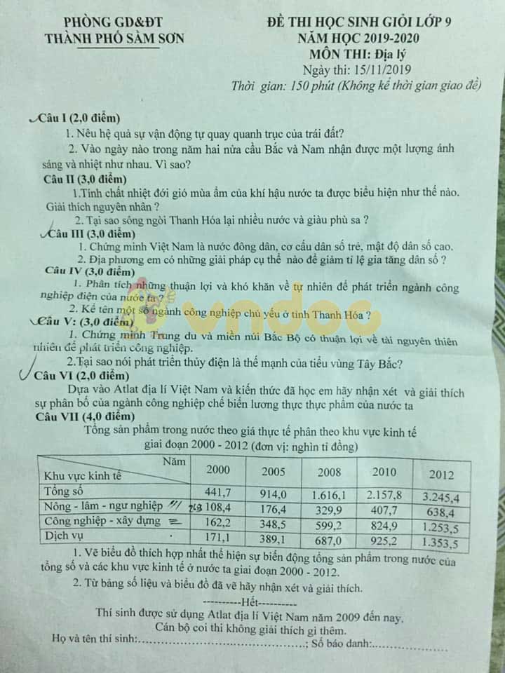Đề thi chọn học sinh giỏi lớp 9 môn Địa lý Phòng GD&ĐT thành phố Sầm Sơn năm học 2019 - 2020
