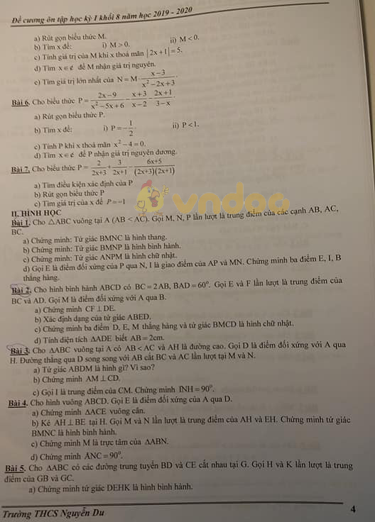 Đề cương ôn tập học kì 1 lớp 8 môn Toán trường THCS Nguyễn Du năm học 2019 - 2020