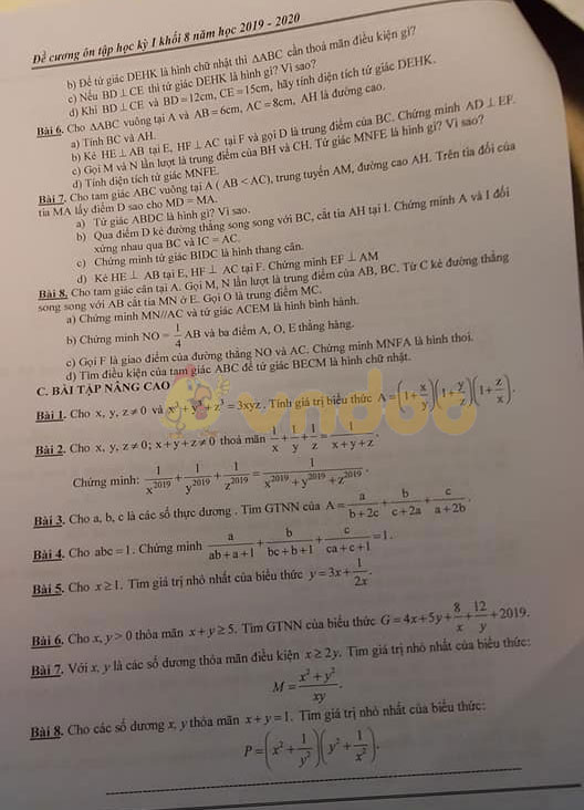 Đề cương ôn tập học kì 1 lớp 8 môn Toán trường THCS Nguyễn Du năm học 2019 - 2020