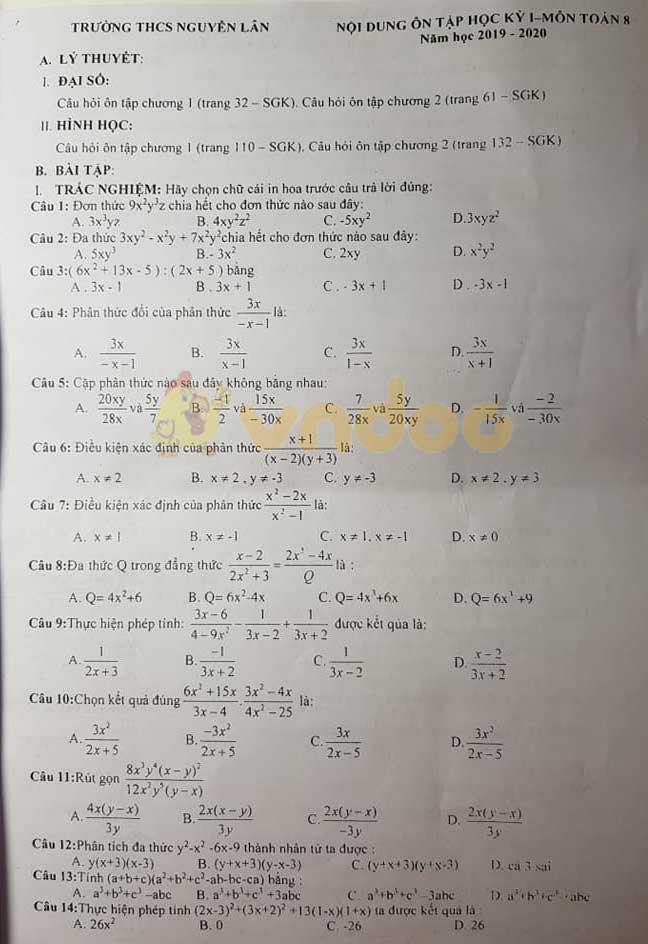 Đề cương ôn tập học kì 1 lớp 8 môn Toán trường THCS Nguyễn Lân năm học 2019 - 2020