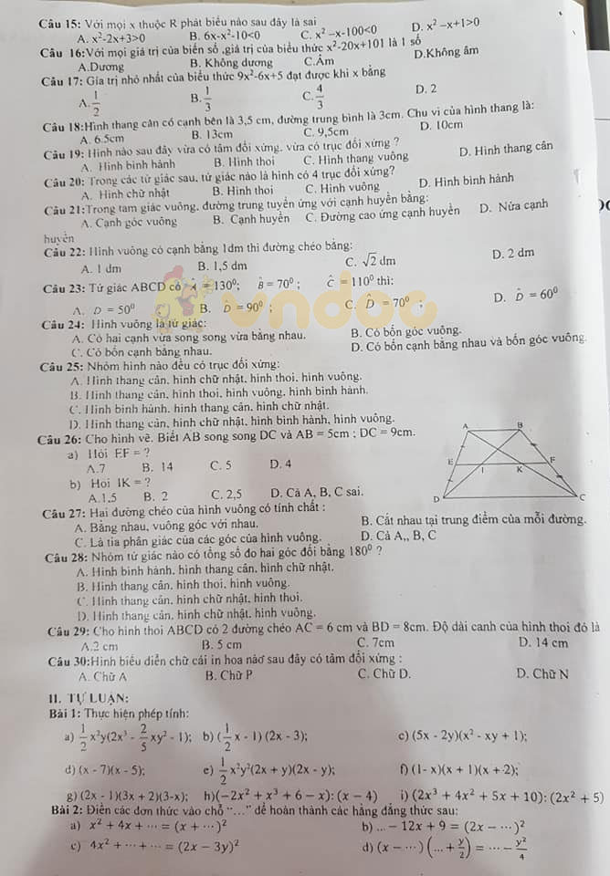 Đề cương ôn tập học kì 1 lớp 8 môn Toán trường THCS Nguyễn Lân năm học 2019 - 2020