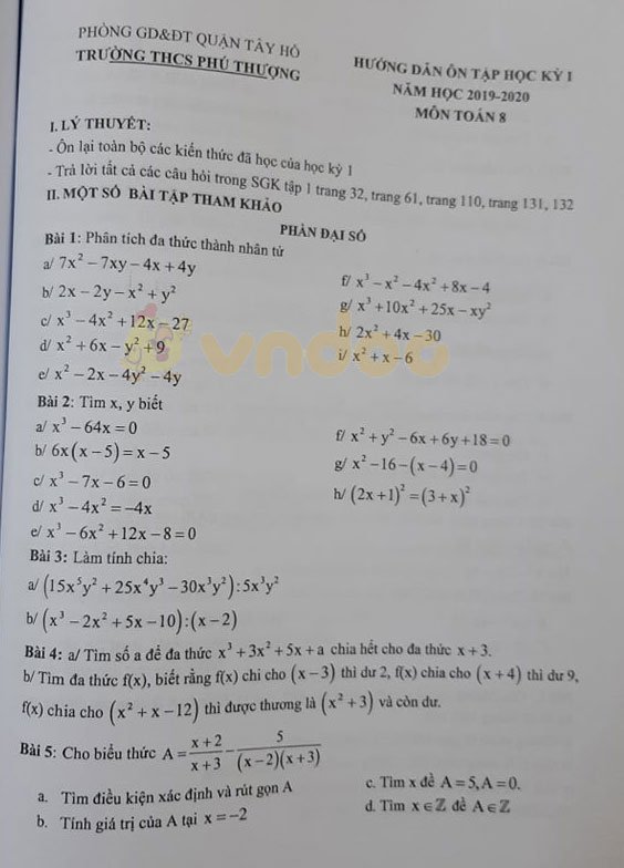 Đề cương ôn tập học kì 1 lớp 8 môn Toán trường THCS Phú Thượng, Tây Hồ năm 2019 - 2020