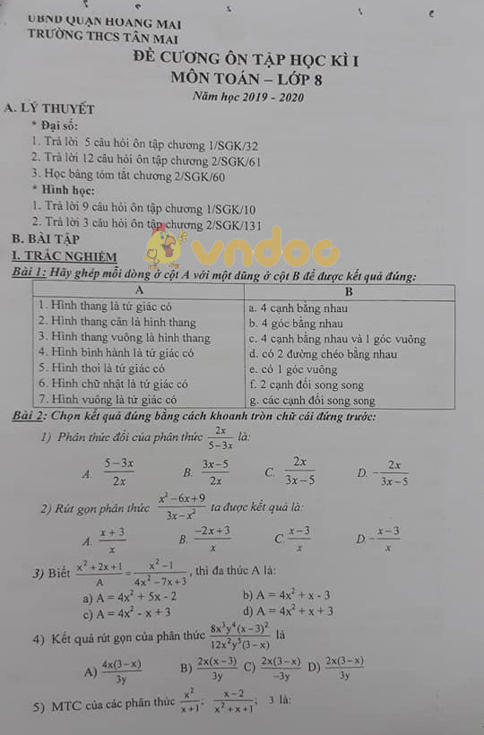 Đề cương ôn tập học kì 1 lớp 8 môn Toán trường THCS Tân Mai, Hoàng Mai năm học 2019 - 2020