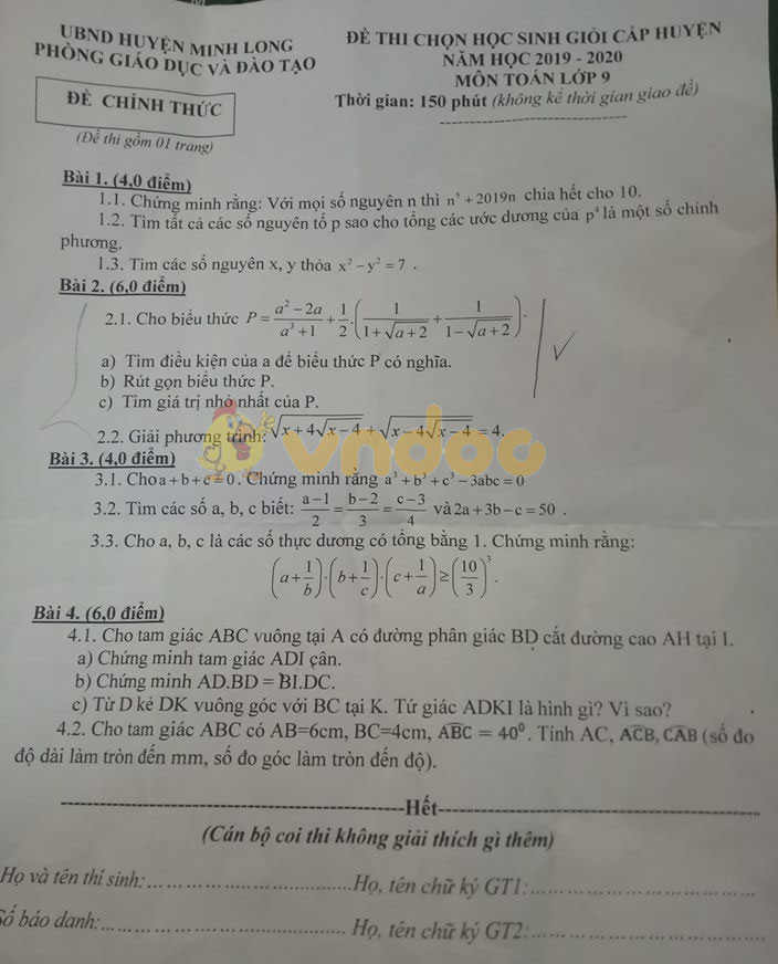 Đề thi chọn học sinh giỏi lớp 9 môn Toán Phòng GD&ĐT huyện Minh Long năm học 2019 - 2020