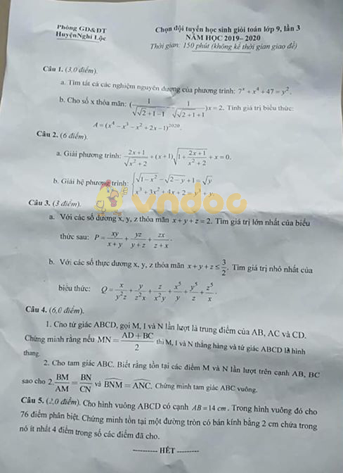 Đề thi chọn học sinh giỏi lớp 9 môn Toán Phòng GD&ĐT huyện Nghi Lộc năm học 2019 - 2020 (lần 3)