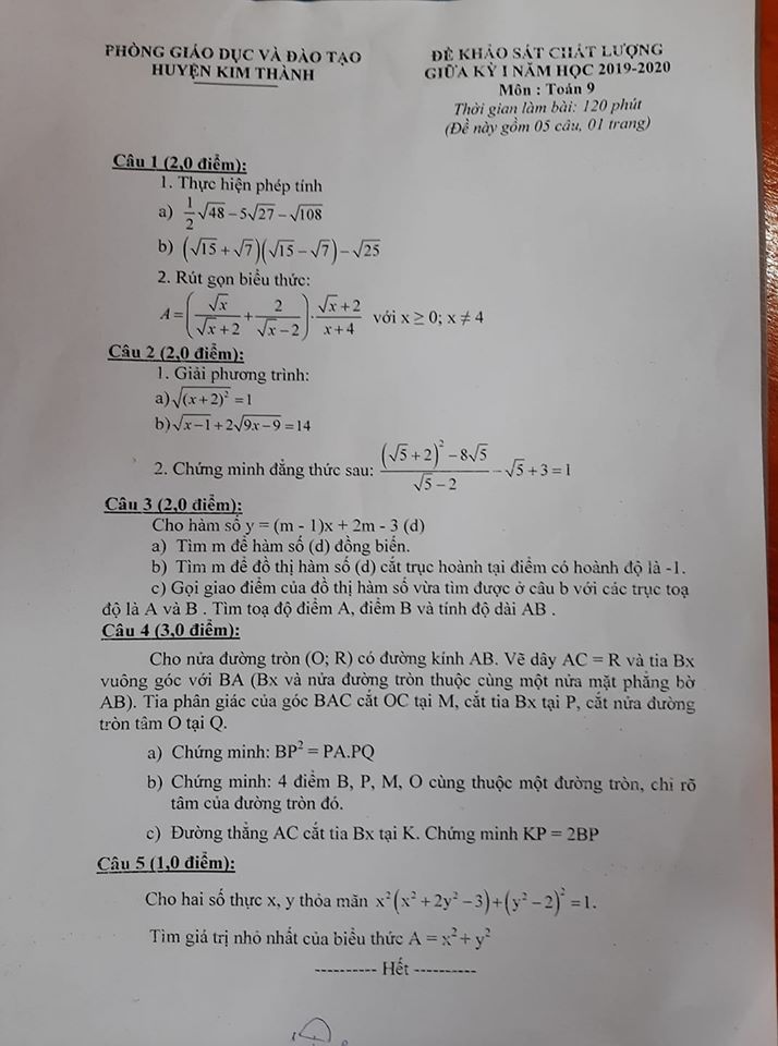 Đề thi giữa học kì 1 lớp 9 môn Toán Phòng GD&ĐT huyện Kim Thành năm học 2019 - 2020