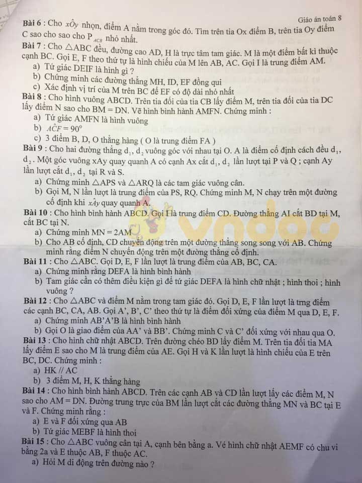 Đề cương ôn thi học kì 1 lớp 8 môn Toán trường THCS CLC Lê Lợi, Hà Đông năm học 2019 - 2020