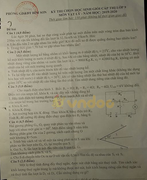 Đề thi chọn học sinh giỏi lớp 9 môn Vật lý Phòng GD&ĐT Bỉm Sơn năm học 2019 - 2020