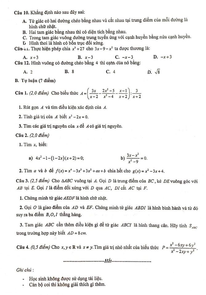Đề thi học kì 1 lớp 8 môn Toán Trường THCS & THPT Nguyễn Tất Thành, Hà Nội năm học 2019 - 2020 (đề số 2)