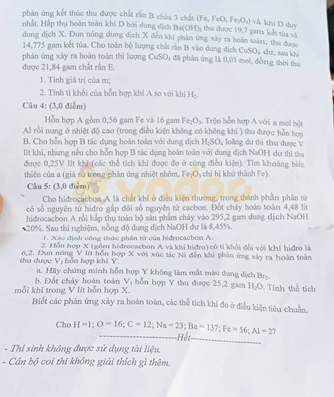 Đề thi chọn học sinh giỏi cấp thị xã lớp 9 môn Hóa học Phòng GD&ĐT Đông Triều năm học 2019 - 2020