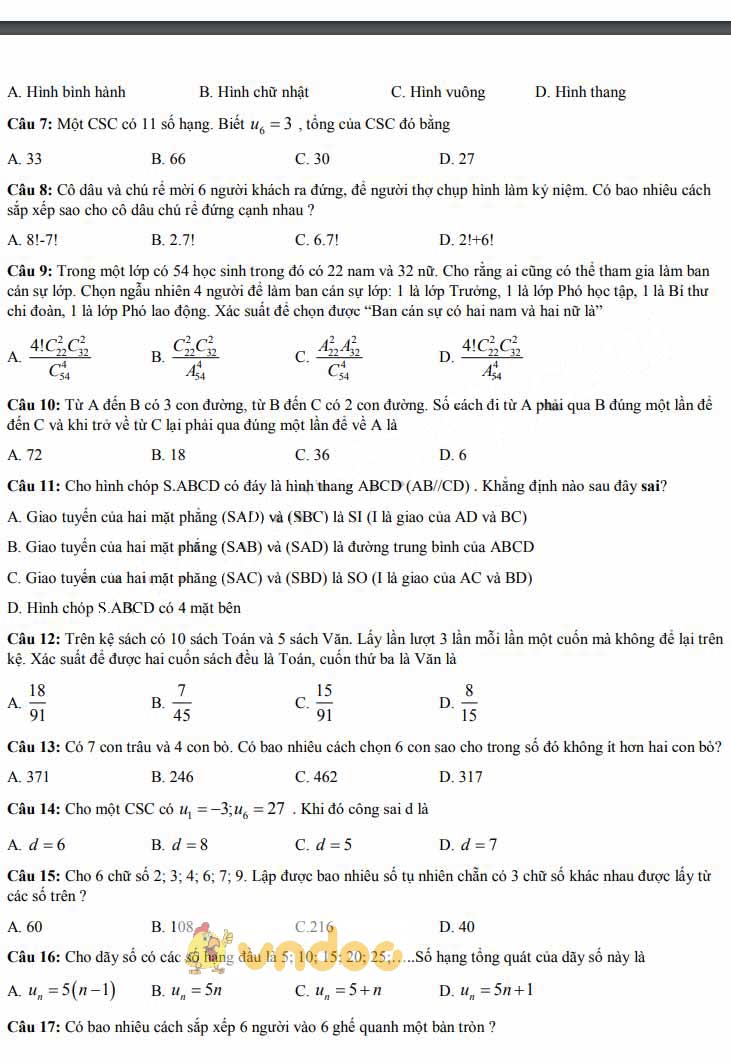 Đề thi học kì 1 lớp 11 môn Toán trường THPT Bùi Hữu Nghĩa
