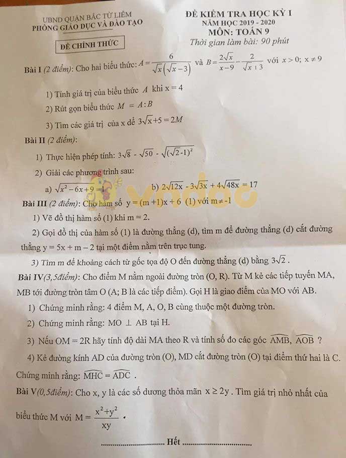 Đề thi học kì 1 lớp 9 môn Toán Phòng GD&ĐT Bắc Từ Liêm năm học 2019 - 2020