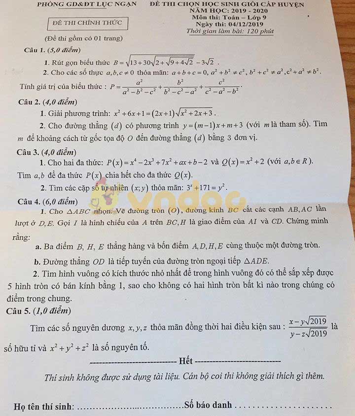 Đề thi học sinh giỏi cấp huyện lớp 9 môn Toán Phòng GD&ĐT Lục Ngạn năm học 2019 - 2020