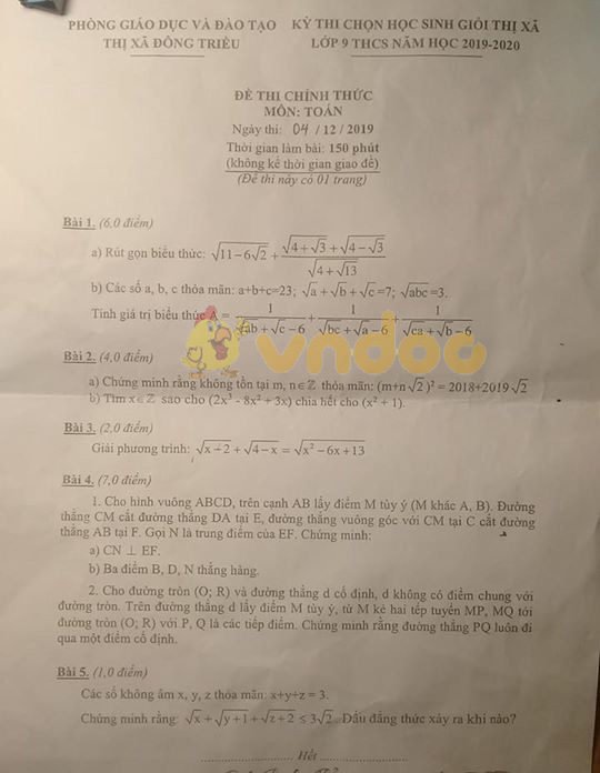 Đề thi học sinh giỏi lớp 9 môn Toán Phòng GD&ĐT thị xã Đông Triều năm học 2019 - 2020