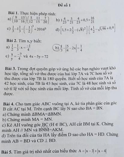 Đề kiểm tra học kì 1 môn Toán lớp 7 năm 2019