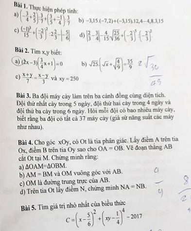 Đề kiểm tra học kì 1 môn Toán lớp 7 năm 2019