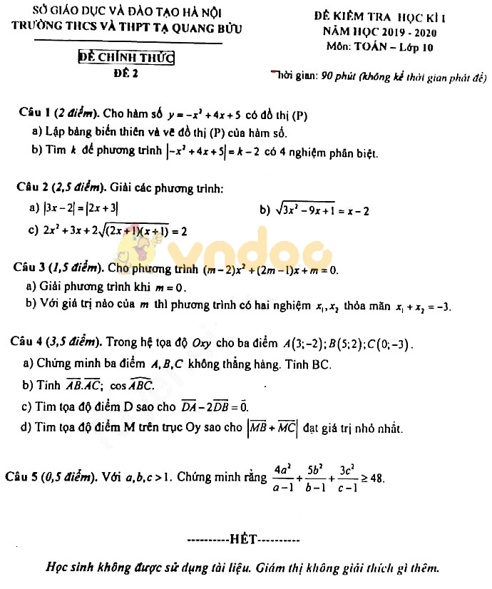Đề thi học kì 1 lớp 10 môn Toán Trường THCS và THPT Tạ Quang Bửu năm học 2019 - 2020 (đề 2)
