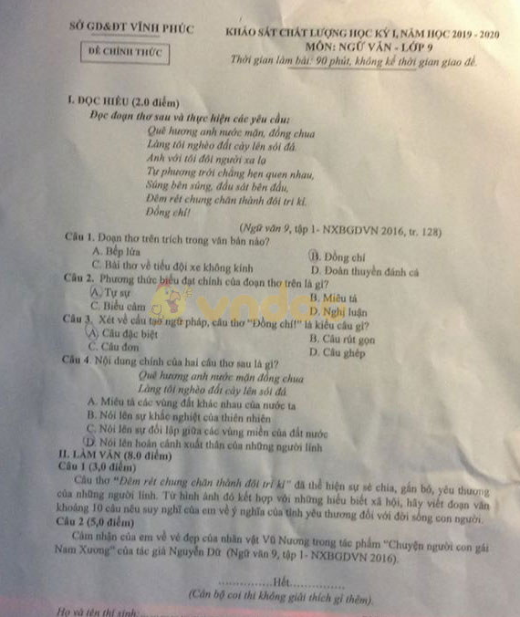 Đề thi học kì 1 lớp 9 môn Ngữ văn Sở GD&ĐT Vĩnh Phúc năm học 2019 - 2020