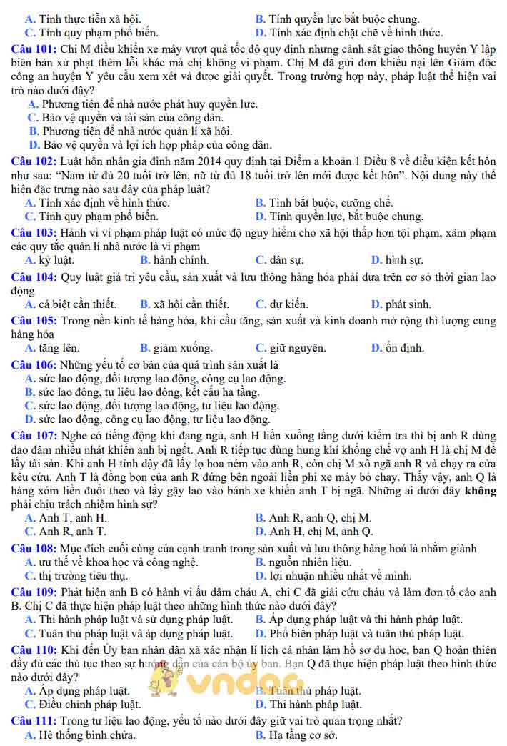 Đề thi thử THPT Quốc gia lần 1 môn GDCD năm 2020 trường THPT Đội Cấn