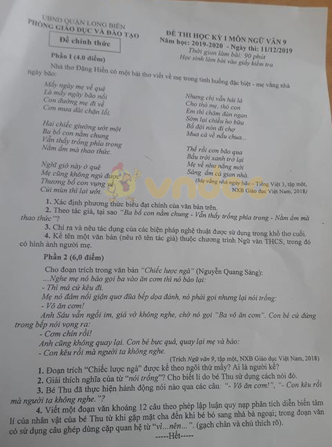 Đề thi học kì 1 lớp 9 môn Ngữ văn Phòng GD&ĐT Long Biên năm học 2019 - 2020