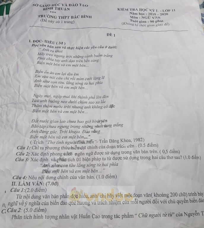 Đề thi học kì 1 lớp 11 môn Ngữ văn năm 2019-2020
