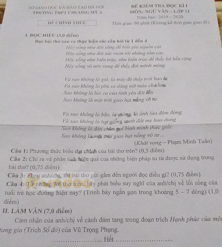 Đề thi học kì 1 lớp 11 môn Ngữ văn trường THPT Chương Mỹ A, Hà Nội năm học 2019-2020