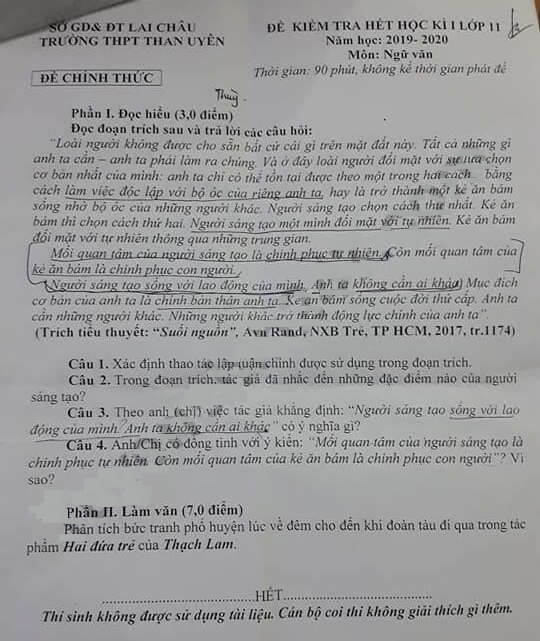 Đề thi học kì 1 lớp 11 môn Ngữ văn trường THPT Than Uyên
