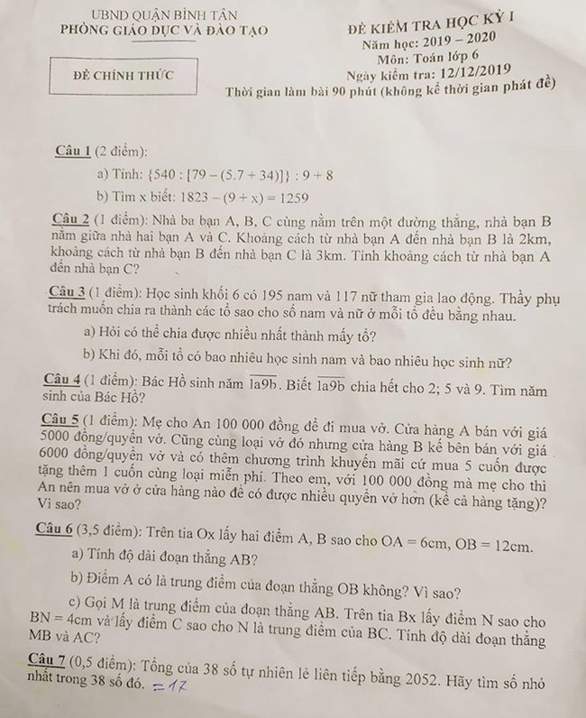 Đề thi học kì 1 môn Toán lớp 6