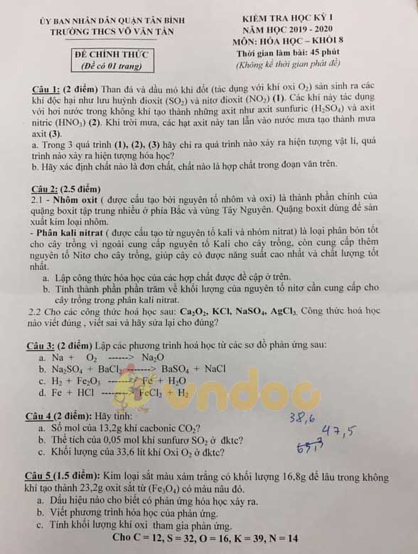 Đề thi học kì 1 lớp 8 môn Toán trường THCS Võ Văn Tần, Tân Bình năm học 2019 - 2020
