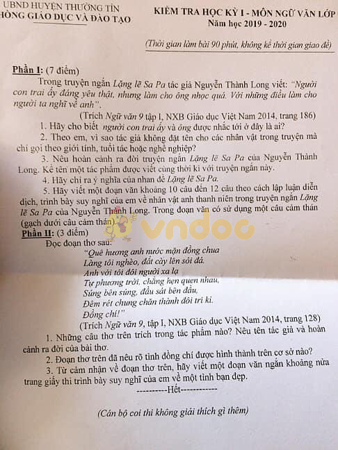 Đề thi học kì 1 lớp 9 môn Ngữ văn Phòng GD&ĐT huyện Thường Tín năm học 2019 - 2020