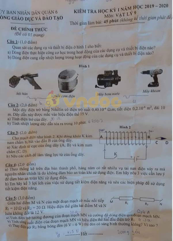 Đề thi học kì 1 lớp 9 môn Vật lý Phòng GD&ĐT Quận 6 năm học 2019 - 2020