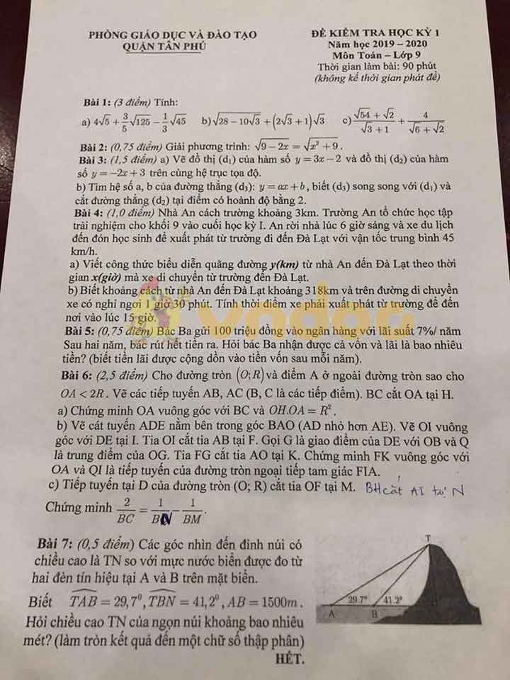 Đề thi học kì 1 lớp 8 môn Toán Phòng GD&ĐT Quận Tân Phú năm học 2019 - 2020