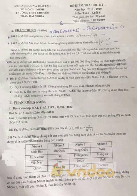 Đề thi học kì 1 lớp 11 môn Toán trường THPT Chuyên Trần Đại Nghĩa