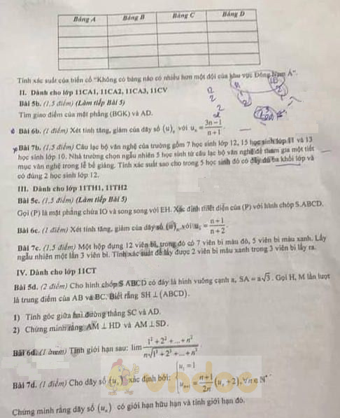 Đề thi học kì 1 lớp 11 môn Toán trường THPT Chuyên Trần Đại Nghĩa