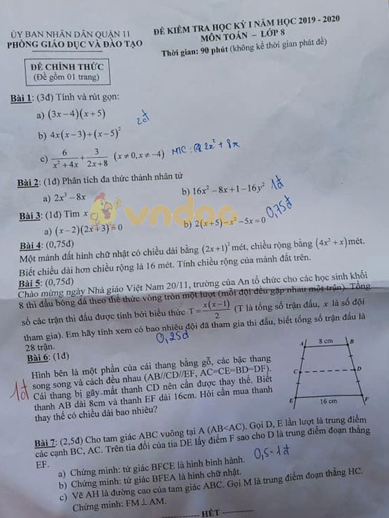 Đề thi học kì 1 lớp 8 môn Toán Phòng GD&ĐT Quận 11 năm học 2019 - 2020