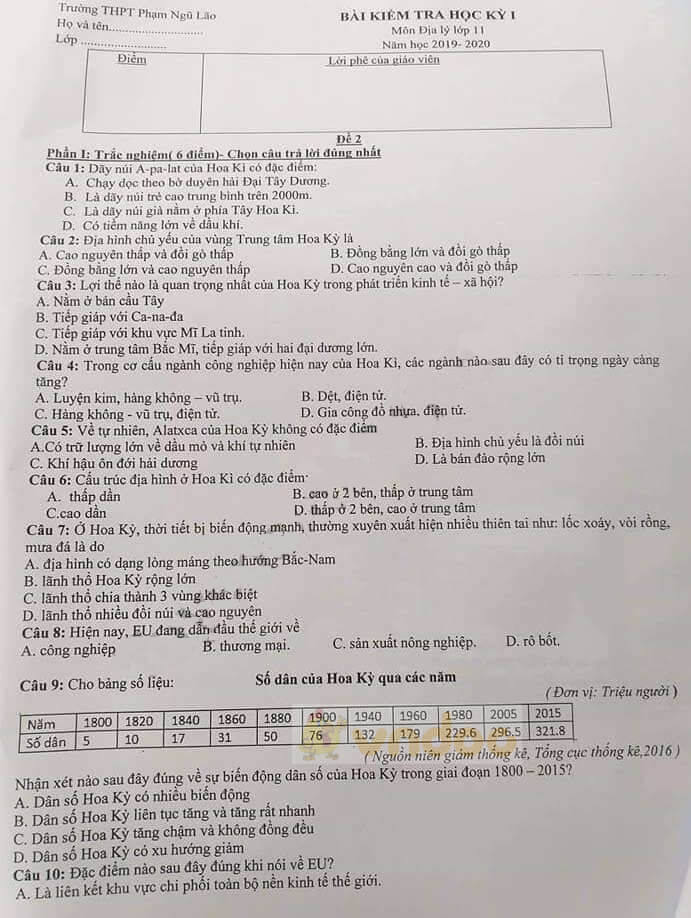 Đề thi học kì 1 lớp 11 môn Địa lý trường THPT Phạm Ngũ Lão năm học 2019-2020